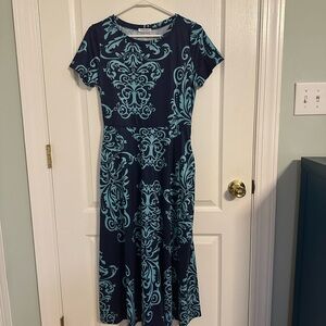 Chic Navy and Teal Patterned Midi Dress